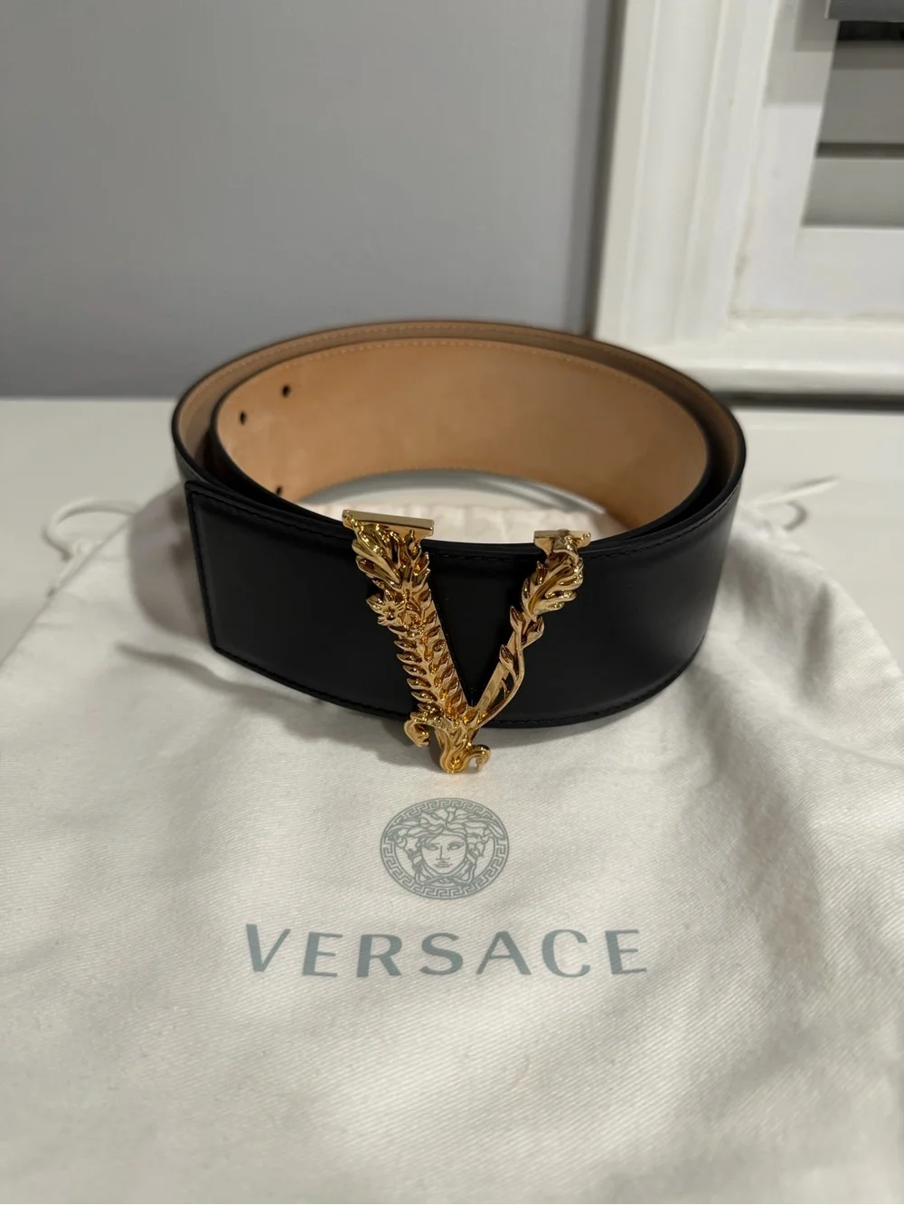 Versace Black Leather V-Buckle Wide Belt